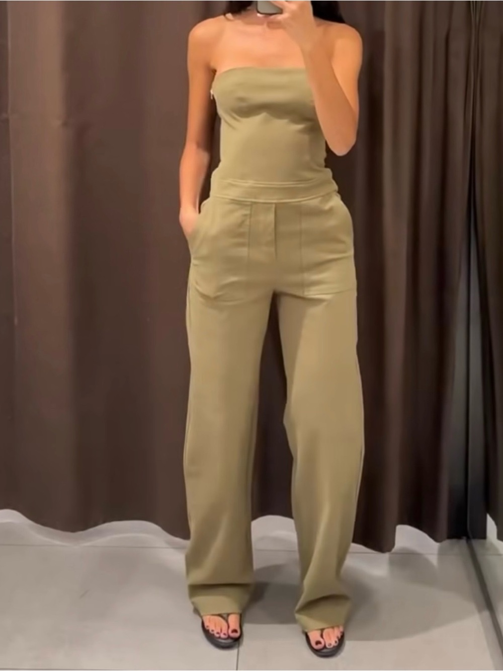 Zara Olive Strapless Wide-Leg Jumpsuit